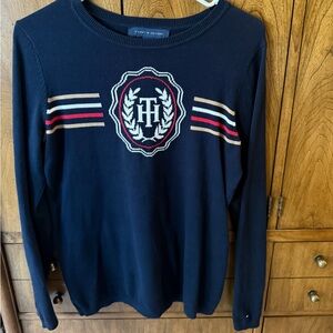 Navy blue Tommy Hilfiger sweater with red and white stripes size small